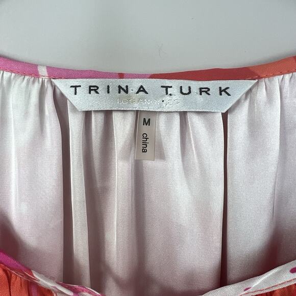 Trina Turk Pink Orange Floral Silk Mini Dress Size S Small Boho Tassle Tie - Picture 8 of 12